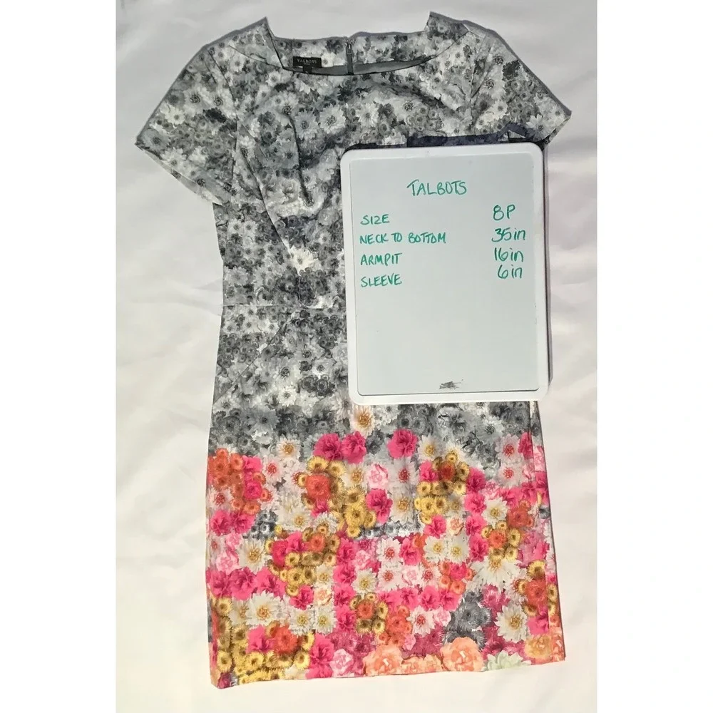 Talbots Petites Floral Dress Short Sleeve‎ Knee Length Pink Yellow Gray Size 8P